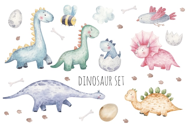 Satz niedliche Dinosaurier, Vögel, Wespen, Fußabdrücke und Eierkinderaquarellillustration, Kinderzimmerdekor, Druck, Textilien