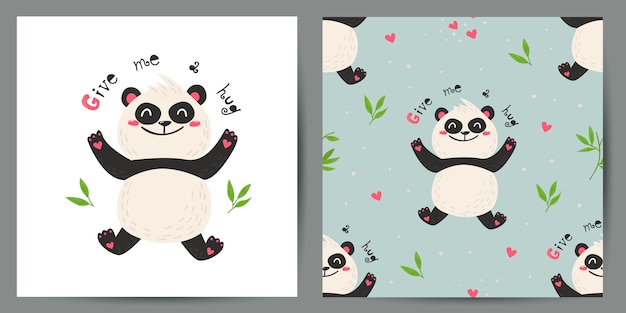 Satz niedliche postkarte und nahtloses muster mit pandas.
