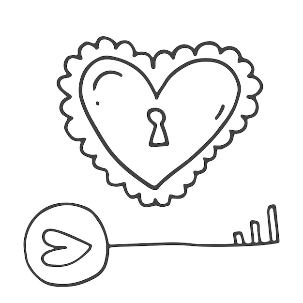 Satz niedlicher handgezeichneter doodle-elemente über die liebe nachrichtenaufkleber für apps symbole für romantische valentinstagsereignisse und hochzeit herzförmige schlösser und schlüssel