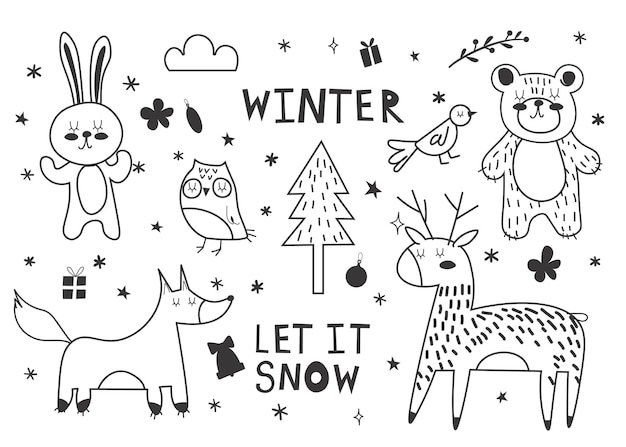 Satz niedlicher handgezeichneter wintertiere weihnachten, neujahr und winterelemente isoliert auf weißem hintergrund bär, fuchs, eule und hirsch doodle-vektorsammlung eps