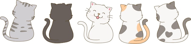 Vektor satz niedlicher katzen züchten sitzende rückenansicht gekritzelzeichnung cartoon illustration set bündel sammlung