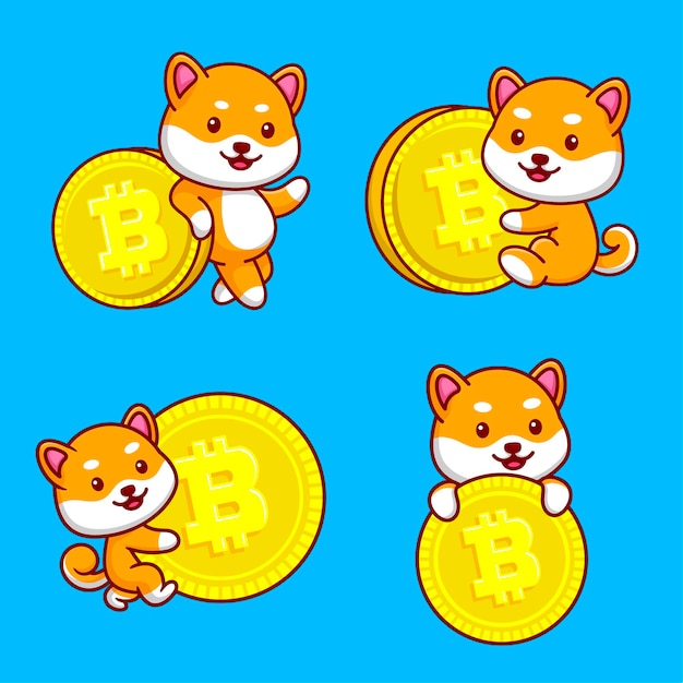 Satz niedlicher Shiba Inu, der die riesige Bitcoin-Tiermaskottchen-Karikaturillustration hält