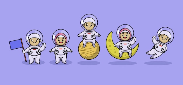 Satz niedliches muslimisches kind im astronautenkostüm