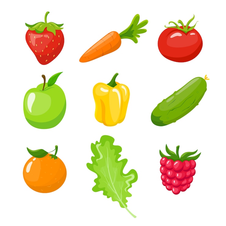 Vektor satz obst, gemüse und beeren. grüner apfel, eine karotte, orange, pfeffer. illustration