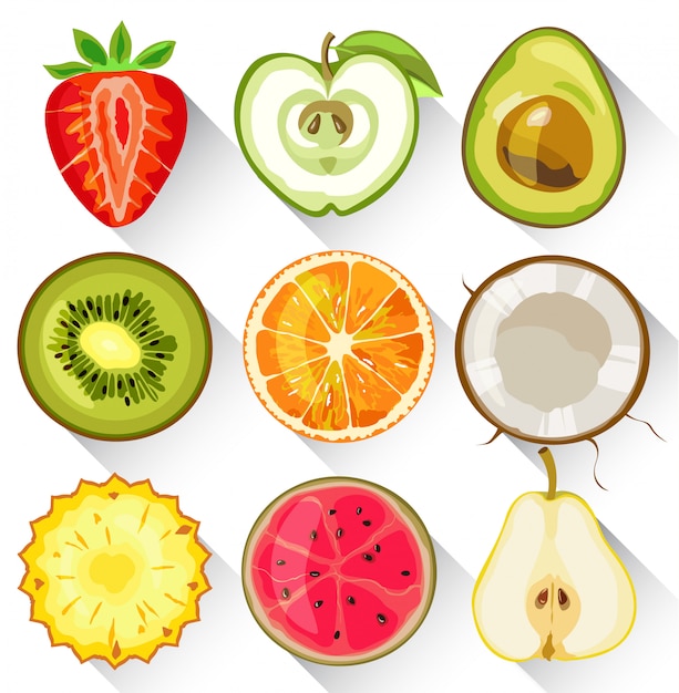 Satz obst und gemüse. apfel, kiwi, orange, erdbeere, avocado, birne, ananas und guave