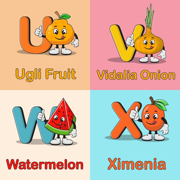 Satz obst- und gemüse-maskottchen-alphabet-cartoon-vektor-symbol-illustration