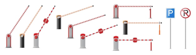 Satz offene und geschlossene parkschranken mit stopp- und parkschildern isoliert auf weißem hintergrund. straßenstoppgrenze. 3d-vektor-illustration