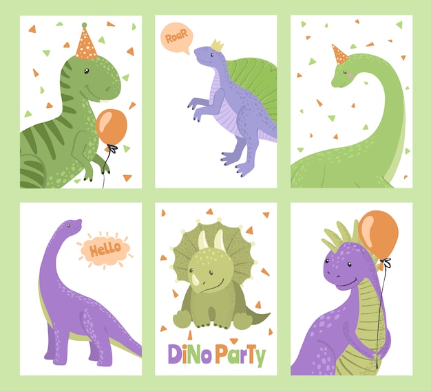 Satz partykarten mit cartoon-dinosauriern.