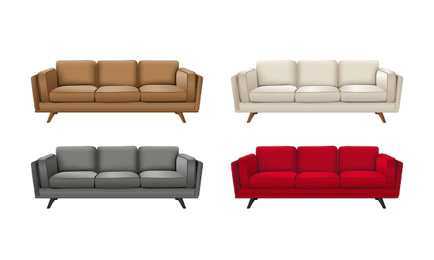 Vektor satz realistische bunte sofas. sammlung von 3d-sofas in rot, schwarz, weiß und braun. innere objekte