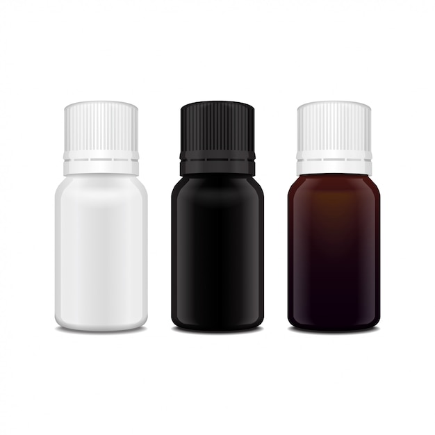 Satz realistische weiße, braune, schwarze glasflasche des ätherischen öls. flasche kosmetische oder medizinische fläschchen, flasche, flakon illustration