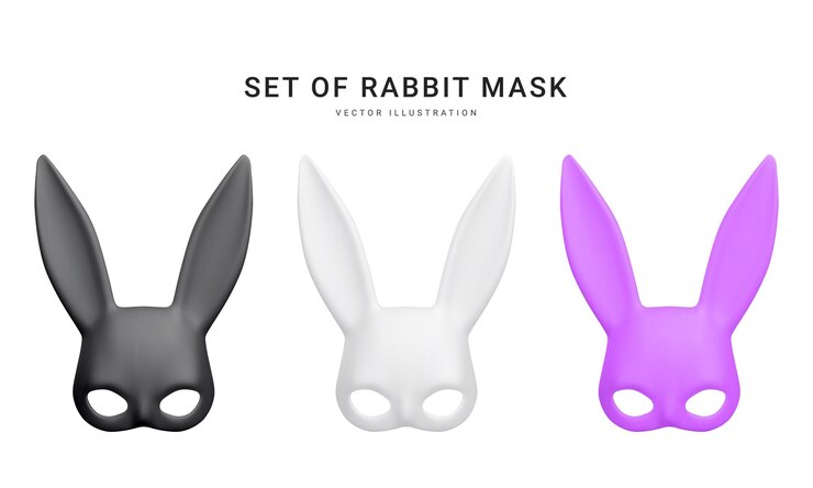 Satz realistischer 3D-Kaninchenmasken isoliert auf weißem Hintergrund. Bdsm-Outfit für entspannten Sex und Wellness. Vorlage für Sexshop oder Erotik-Website. Vektorillustration