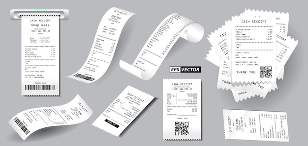 Satz realistischer kassenbons isoliert oder kassenbon auf weißem papierkonzept gedruckt