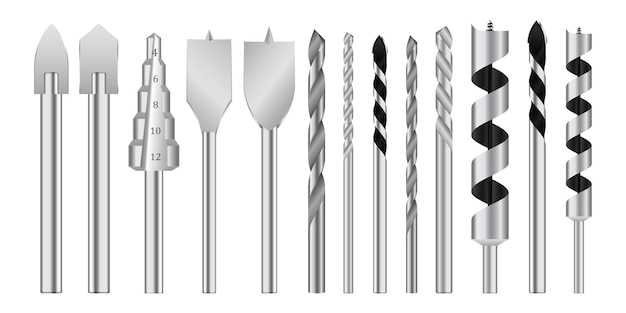 Satz realistischer metallischer Bohrer oder Metallbearbeitungsstahlwerkzeuge, EPS-Vektor