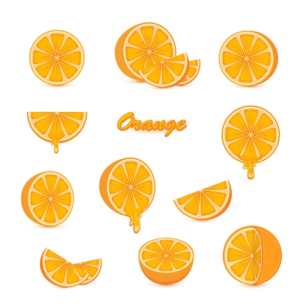 Satz reife orangen und frische saftige orangenscheiben mit saft lokalisiert auf weißer hintergrundillustration