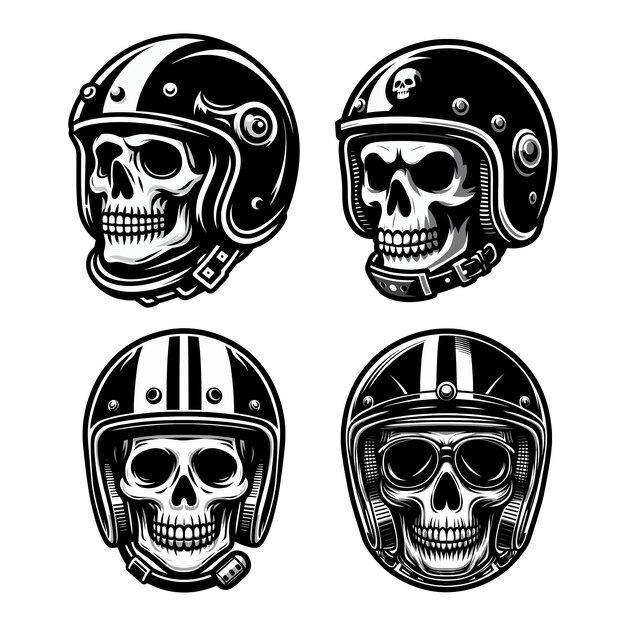 Vektor satz retro-vintage-biker-rennfahrer-totenkopf im helm-design, vektor-vorlage, illustration, t-shirt-design