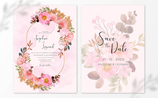 Satz rustikale rosa aquarell-blumenhochzeits-einladung