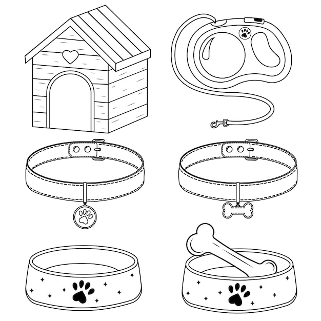 Satz schalenhalsband und -leine für hund und katze isoliertes vektorillustrationskonturgekritzel