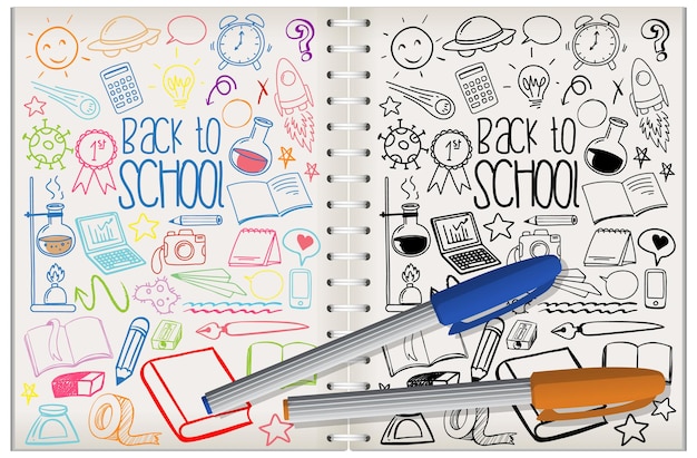 Satz Schulelementkritzeleien auf Notizbuch