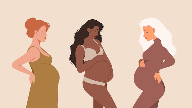 Satz schwangere frauen in einer glücklichen mutter des flachen schwangerschaftsillustrations-gesundheitswesens der zeitgenössischen art