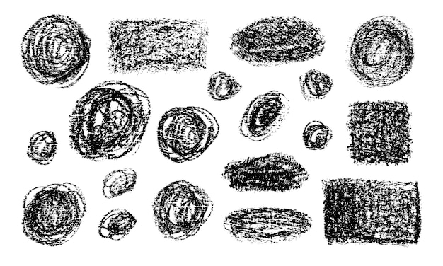 Vektor satz schwarzer kreise, quadrate, ovale, rechtecke, formen in buntstiftstruktur auf weißem hintergrund