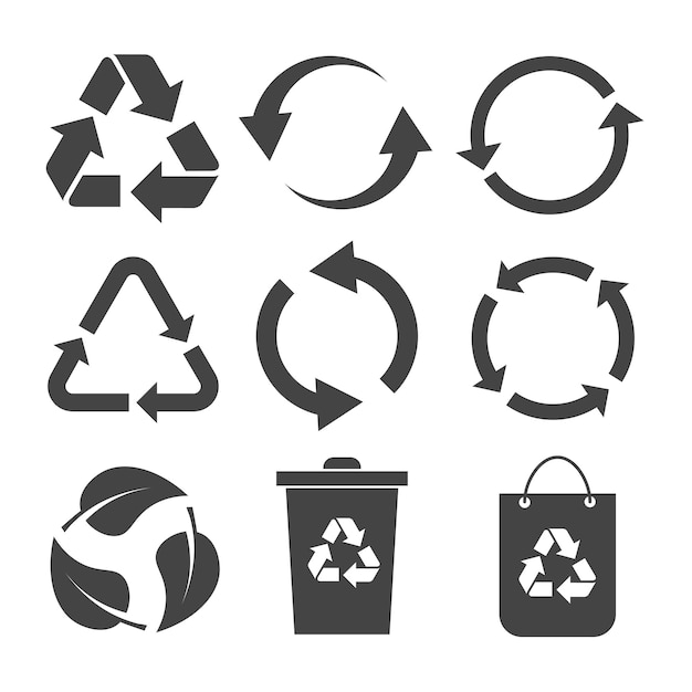 Satz schwarzer recycling-symbole recycling- und rotationspfeilsymbole vektorillustration isoliert