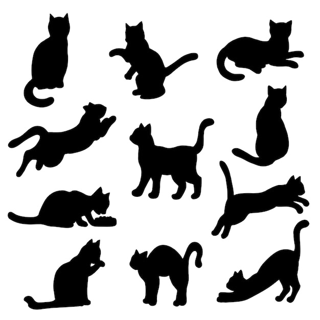 Satz schwarzer silhouetten von katzen: sitzen, liegen, schlafen, waschen, spielen, springen, dehnen, essen, isolieren auf weißem hintergrund
