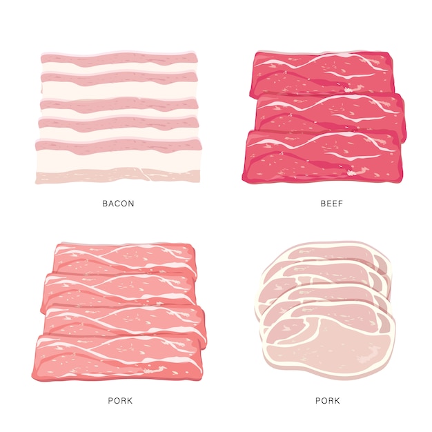 Vektor satz schweinefleisch und rindfleisch rohe scheibe und fleischsteaks lokalisiert auf einem weißen hintergrund. karikaturillustration