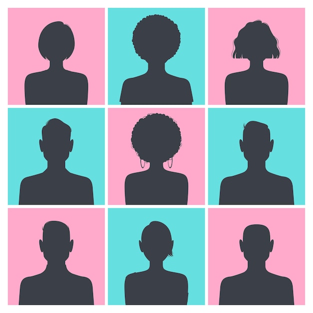 Satz silhouette avatar-profilbilder lokalisiert auf blauem und rosa quadrat.