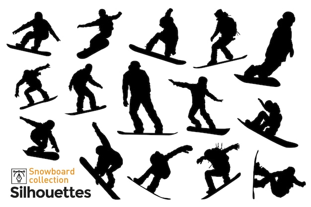 Satz silhouetten von snowboardfahrern. silhouetten von menschen, die wintersport betreiben.