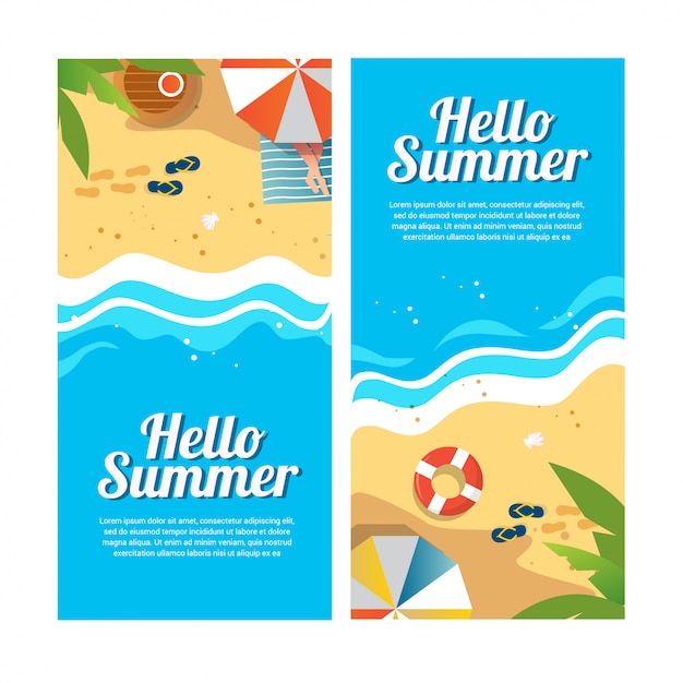 Satz sommerreisebanner mit sonnenschirmen, sandalen, wellen und tropischer exotischer palmenoberansichtillustration