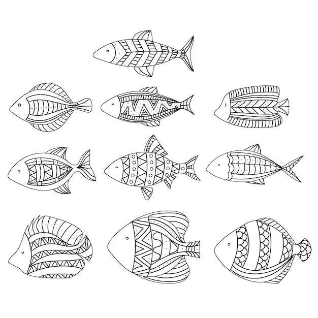 Satz stilisierte fische. sammlung von aquarienfischen. lineare kunst.
