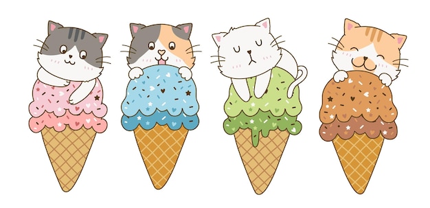 Vektor satz süße katzen, die auf eiscreme liegend schlafen, gekritzelzeichnungsillustrationssatzbündelsammlung