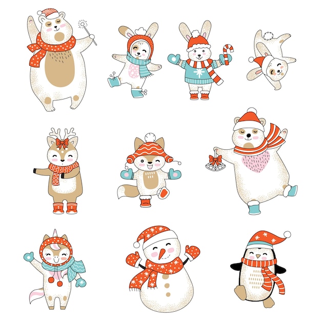Vektor satz süße zeichentrickfiguren in weihnachtskleidung. vektorillustration lokalisiert auf weißem hintergrund.