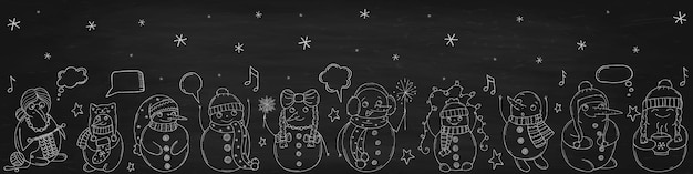 Satz süßer schneemänner auf einer schwarzen kreidetafel vektordarstellung im doodle-stil winterstimmung hallo 2023 frohe weihnachten und ein gutes neues jahr