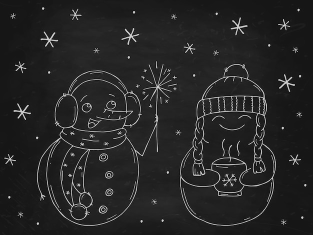 Satz süßer Schneemänner auf einer schwarzen Kreidetafel Vektordarstellung im Doodle-Stil Winterstimmung Hallo 2023 Frohe Weihnachten und ein gutes neues Jahr