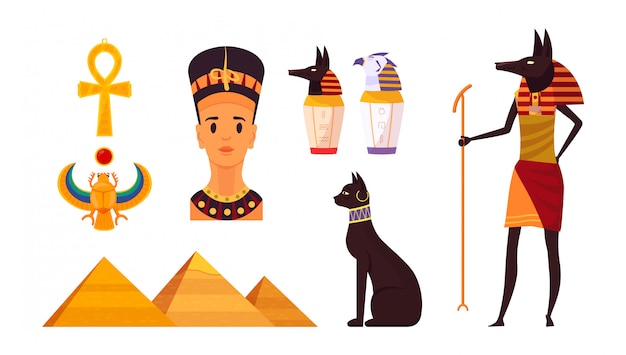 Vektor satz symbole des alten ägypten. geschichtsdenkmäler und idolstatuen.