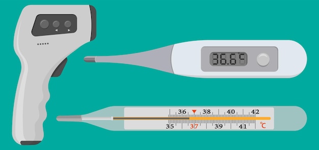 Vektor satz thermometer verschiedene arten von medizinischen geräten, die die menschliche körpertemperatur messen, quecksilber, glas, kunststoff, elektronisch und berührungslos. vektorillustration