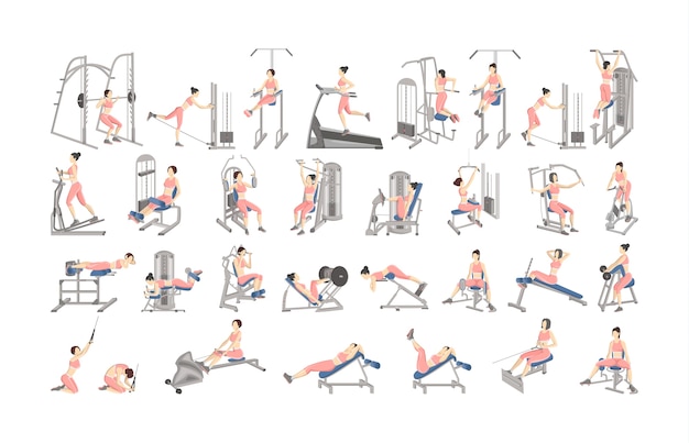 Satz training für frauen auf trainingsgeräten. sportgeräte für fitness. gesunder und aktiver lebensstil. isolierte vektorillustration