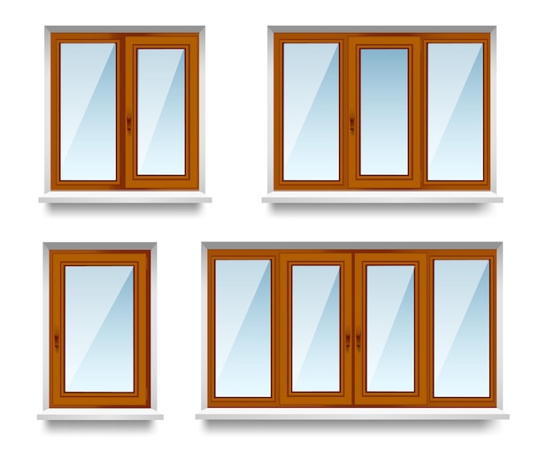 Vektor satz transparente holzfenster doppelt und dreifach. energiekostensparende pflegeleichte fensterrahmen