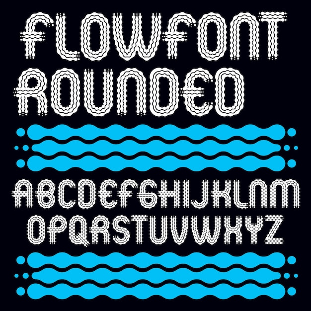 Satz trendiger Pop-Vektor-Großbuchstaben des englischen Alphabets isoliert. Abgerundete Fettschrift, Schrift von a bis z kann im Retro-Plakatdesign verwendet werden. Erstellt mit Wellen und fließenden Linien.