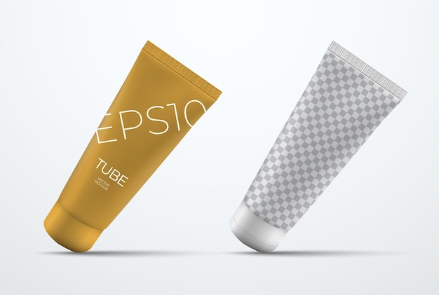 Satz Vektormodelle von realistischen dünnen Plastikrohren für Sahne mit einer Kappe, die an der Ecke steht. Vorlage für Präsentationsverpackungsdesign.