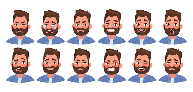 Satz verschiedene emotionen männlicher charakter. hübscher mann emoji mit verschiedenen gesichtsausdrücken. im cartoon-stil