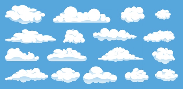 Satz verschiedene karikaturwolken lokalisiert auf blauem himmel.