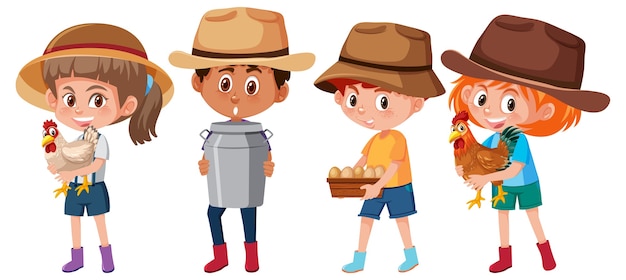 Satz verschiedene Kinder, die Farmelementkarikaturcharakter halten