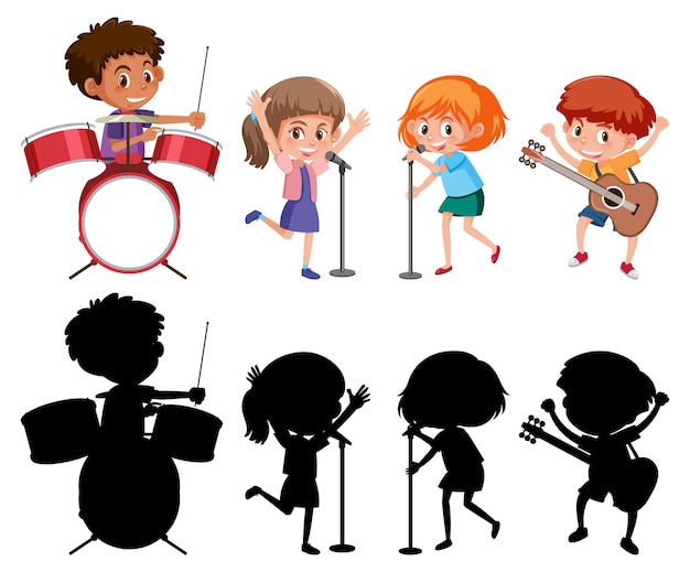 Satz verschiedene kinder, die musikinstrumente mit silhouette spielen