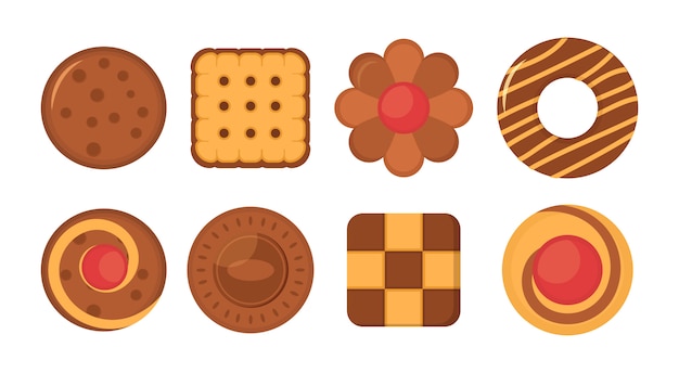 Satz verschiedene schokoladen- und kekschipkekse, lebkuchen und waffel lokalisiert auf weißem hintergrund. keksbrotkekse symbolsatz. big set verschiedene bunte gebäckkeks. illustration.