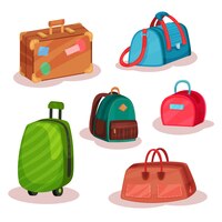 Satz verschiedene taschen. damenhandtaschen, retro-tasche mit aufklebern, städtischer rucksack, großer koffer auf rädern