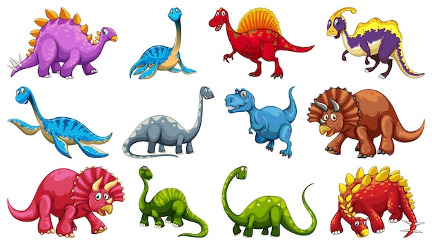 Satz verschiedener Dinosaurier-Cartoon-Figur isoliert auf weißem Hintergrund