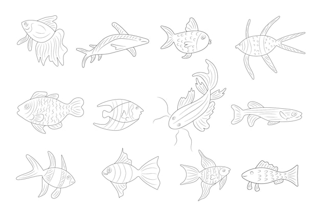 Satz verschiedener Fische mit schwarzem Umriss