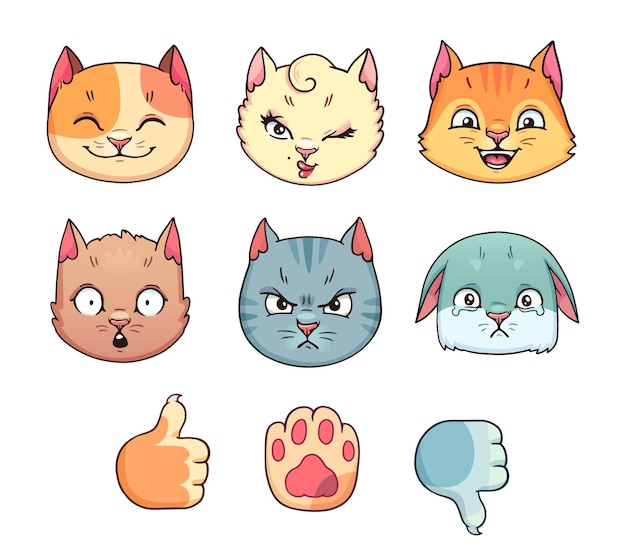 Satz verschiedener Katzen-Emoji im Vektor Handgezeichnete Sammlung mit Cartoon-Feline-Charakter-Emotionen und Pfotengesten auf weißem Hintergrund